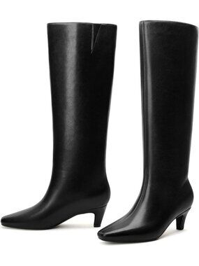Women's Black Knee High Boots Chic Kitten Heel Tall Boots Square Toe Breathable